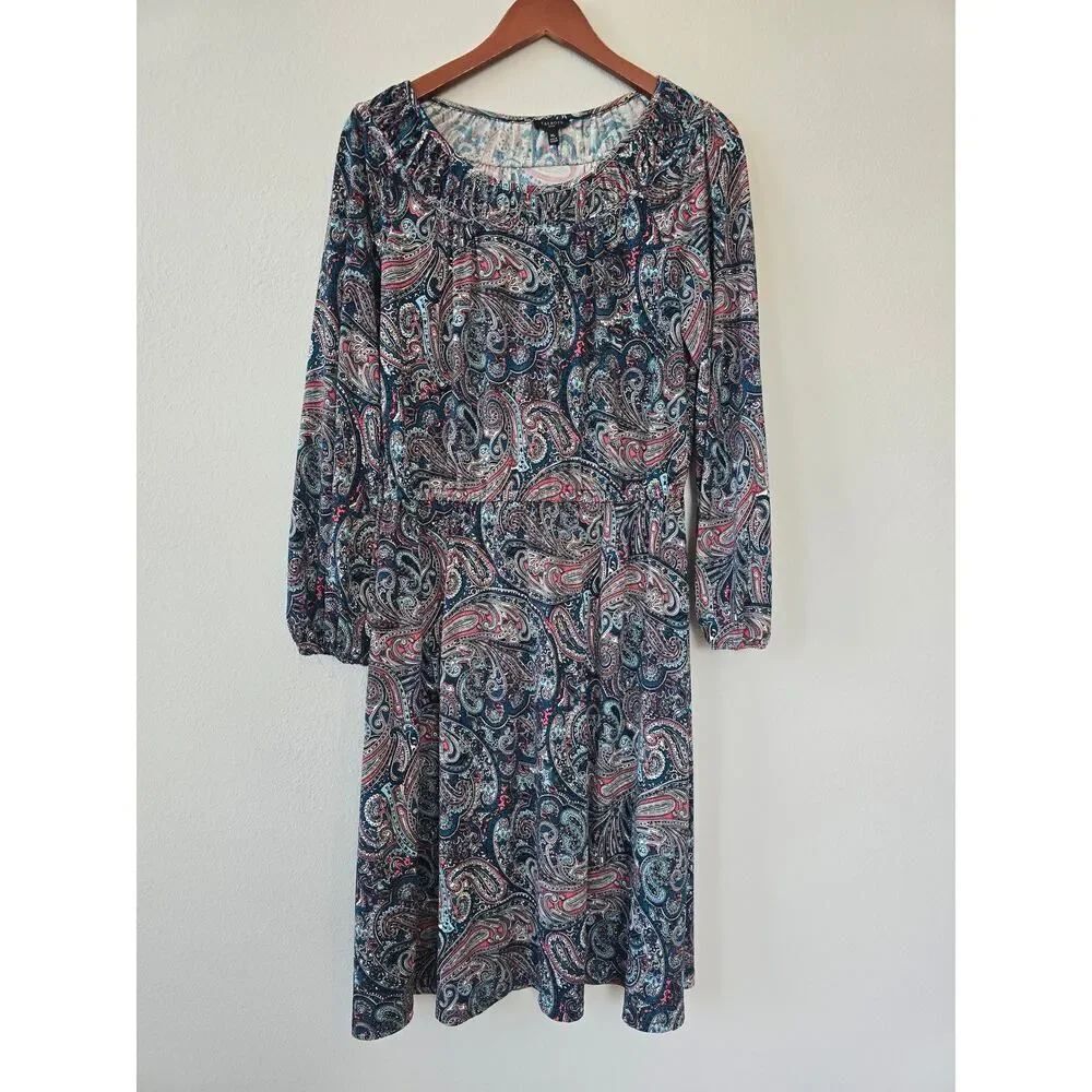Talbots Petite Paisley Print Dress MP Blue Pink Long Sleeve Midi Workwear Modest